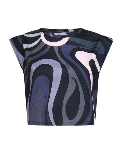 Emilio Pucci Blue Marble-Print Cropped T-Shirt Clothing