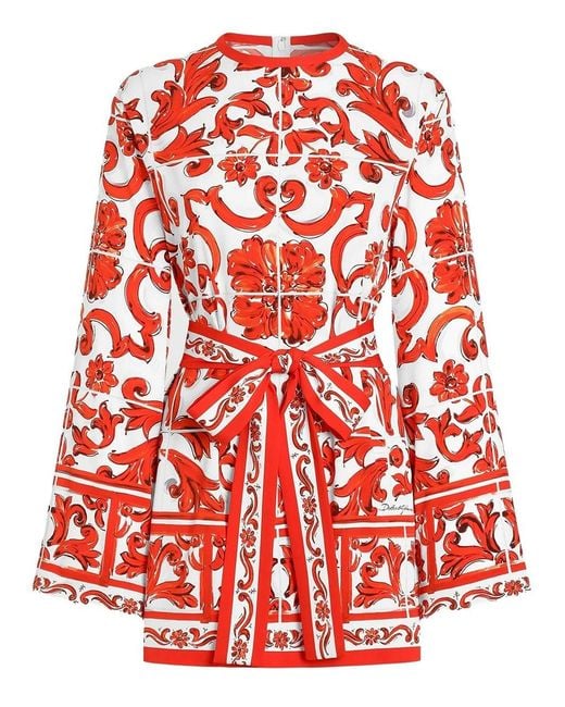 Dolce & Gabbana Red Dolce & Gabbana Majolica-Print Silk Charmeuse Shirt