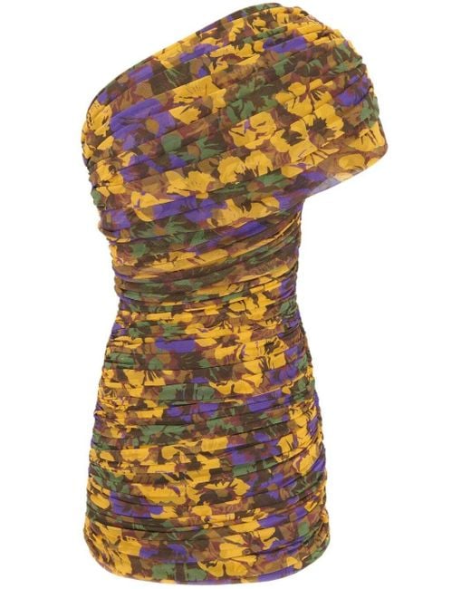 Saint Laurent Multicolor One-Shoulder Floral Dress