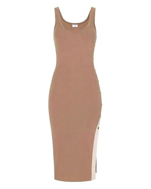 Elisabetta Franchi Brown Sleeveless Knit Midi Dress With Shiny Viscose Bands
