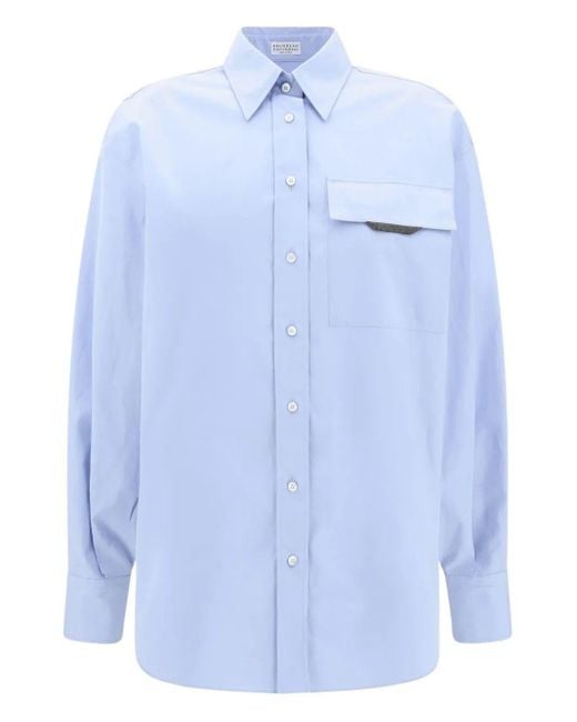 Brunello Cucinelli Blue Shiny Detail Cotton Shirt With Pocket Clothing