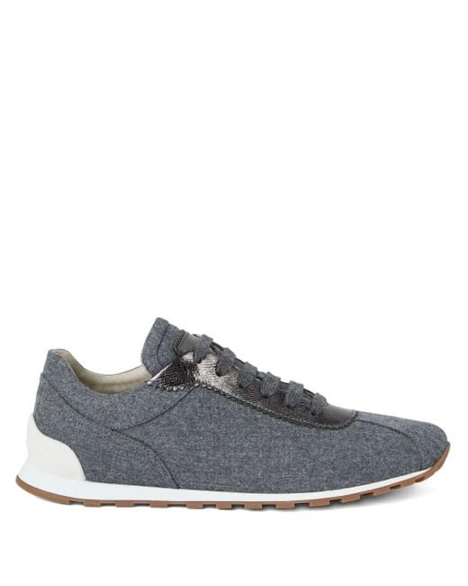 Brunello Cucinelli Gray Virgin Wool Flannel And Lamé Calfskin Runners With Monili Shoes