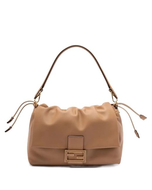 Fendi Brown Mini Leather Bag With Ff Closure And Drawstring Design (W 31.5 X H 22 X D 12 Cm)