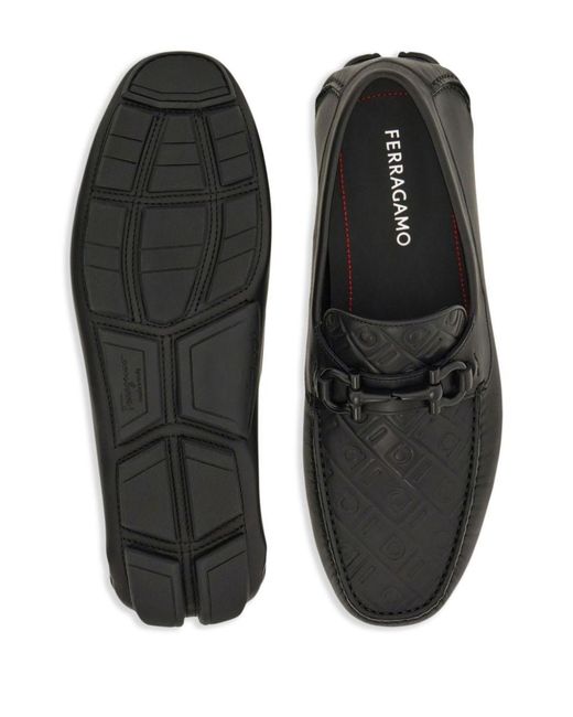 Ferragamo Black Embossed Gancini Monogram Driving Loafers Shoes for men
