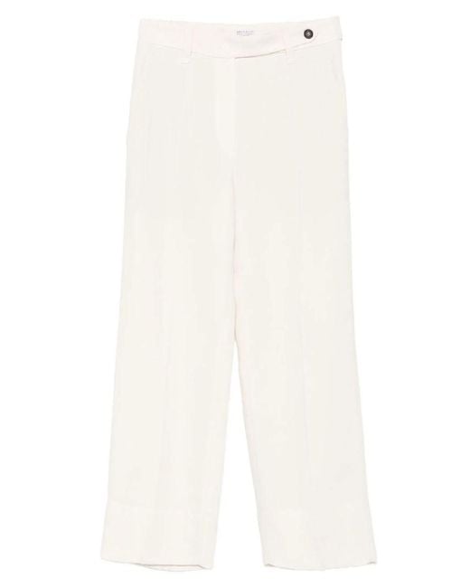 Brunello Cucinelli White Viscose And Linen Fluid Twill Cigarette Trousers With Monili