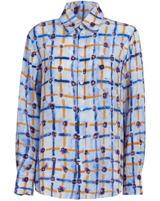 Marni Blue Mix-print Pointed-collar Silk Shirt