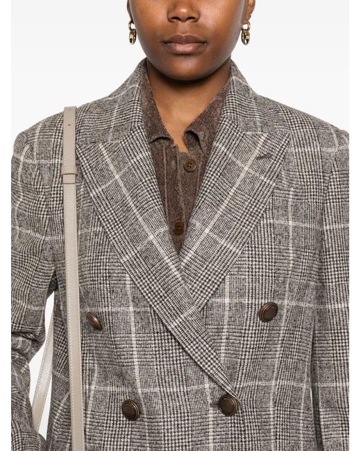 Brunello Cucinelli Gray Alpaca And Wool Prince Of Wales Double-Breasted Blazer With Monili
