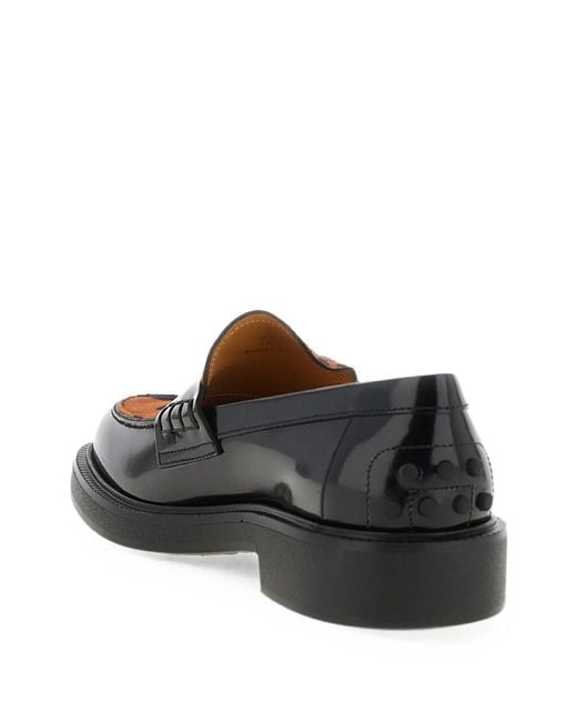 Tod's Black Leather Loafers With Animal Print Insert