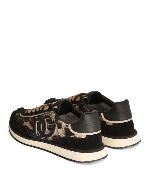 Dolce & Gabbana Black Dg Cushion Sneakers In Leo Print Fabric
