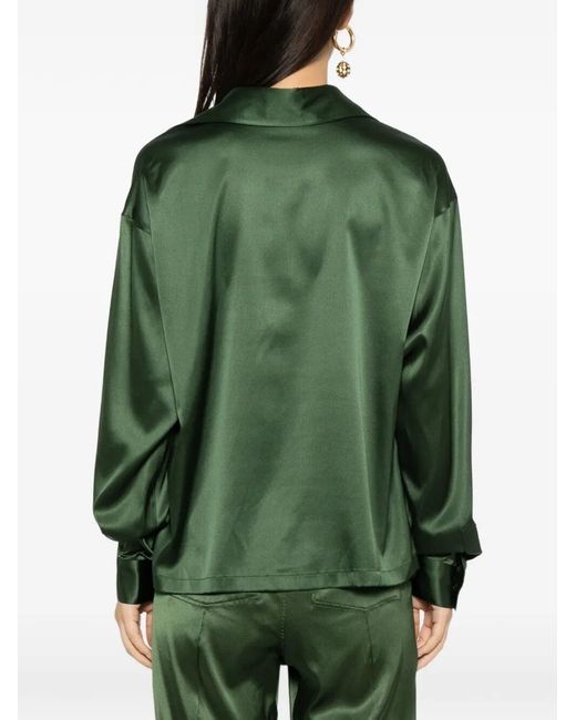 Tom Ford Green Stretch Silk Satin Polo With Tonal Tf Embroidered Logo