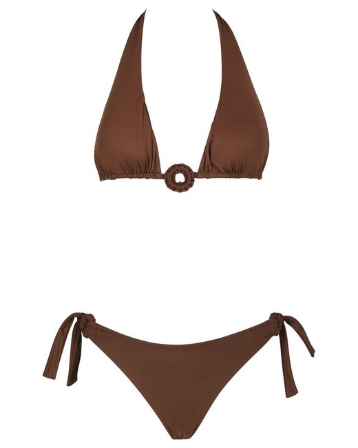 Fisico Brown Ruffled Triangle Bikini With Ring