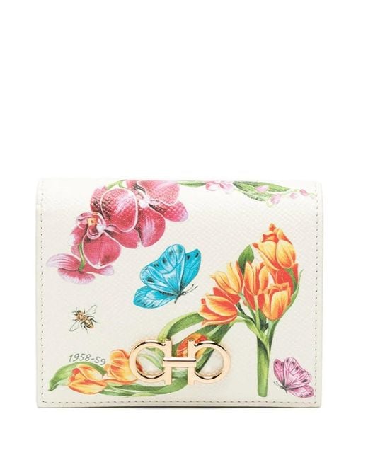 Ferragamo White Compact Gancini Wallet With Romantic Print