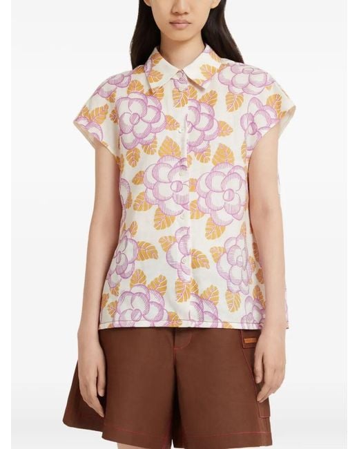 Marni Pink Floral Cap-Sleeved Shirt