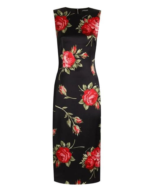 Dolce & Gabbana Red Satin Sheath Dress With Bouquet Roses Print