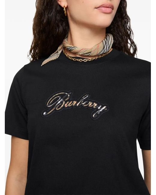 Burberry Black Cotton Check Logo T-Shirt