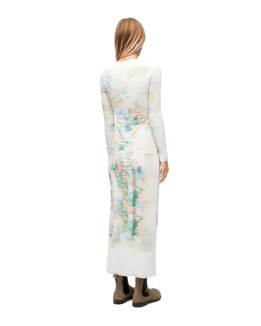 Loewe White Long Tube Dress In Blurred Print Mesh