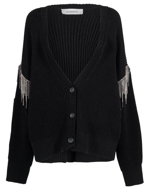 Sportmax Black Cardigan In Wool With Removable Sleeves And Strass