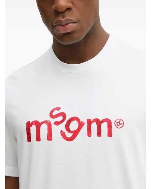 MSGM White Handwritten Logo Print Cotton T-Shir for men