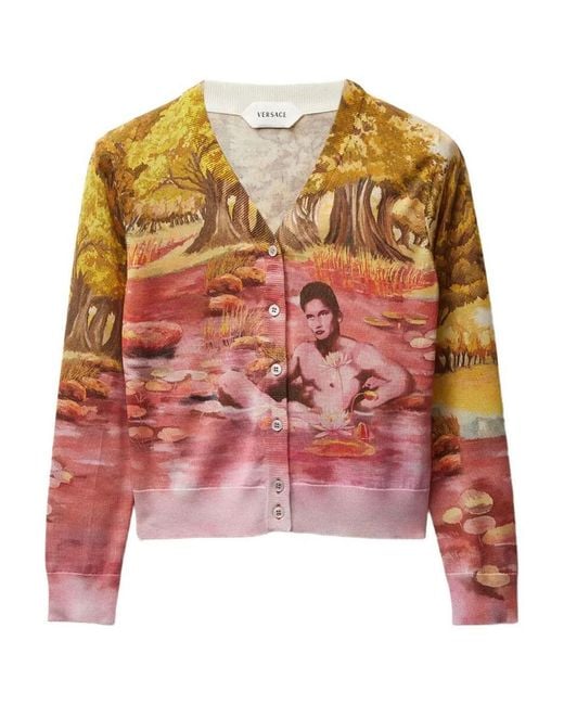 Versace Red "the Naturist" Print Silk Knit Cardigan