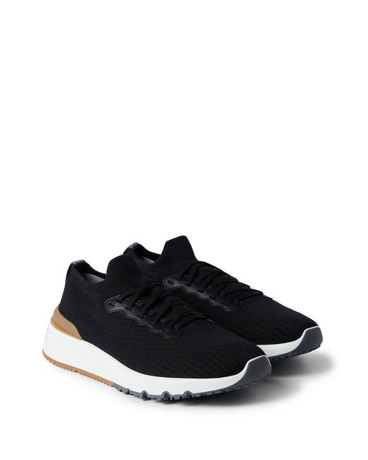 Brunello Cucinelli Black Runners In Cotton And Semi-shiny Calf Leather for men