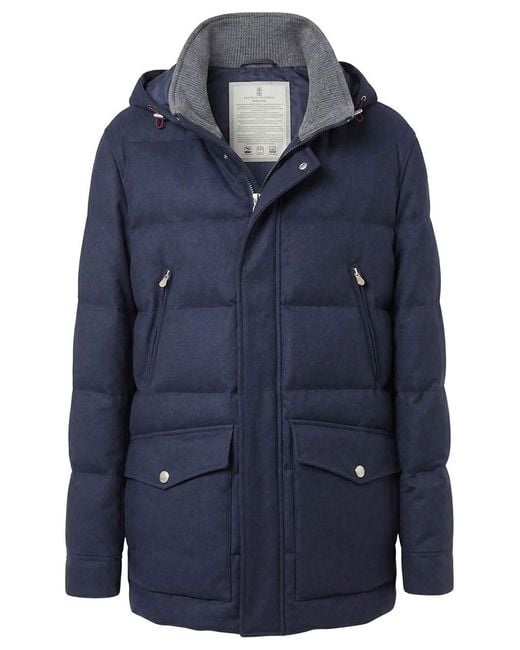 Brunello Cucinelli Blue Bonded Wool Flannel Down Parka With Detachable Hood for men