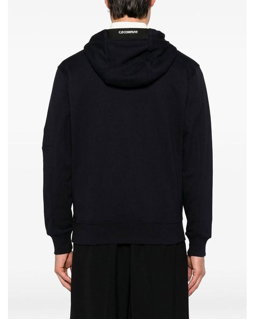 C P Company Black Diagonal Raised Fleece Hooded Lens Sweatshirt for men