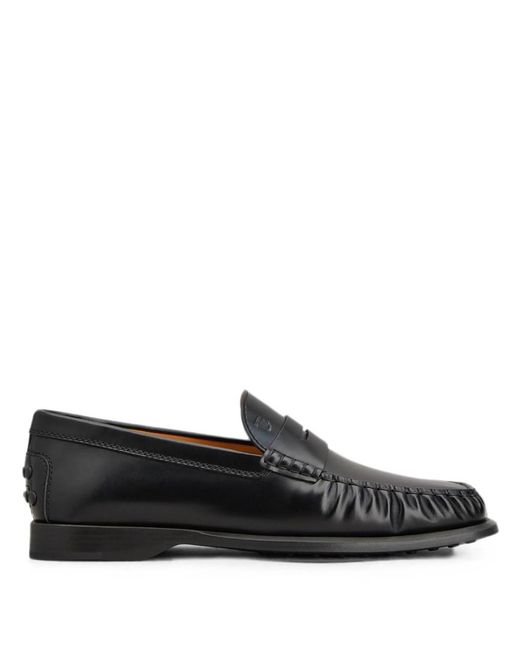 Tod's Black Ruffled Penny Loafers With Rubber Sole for men