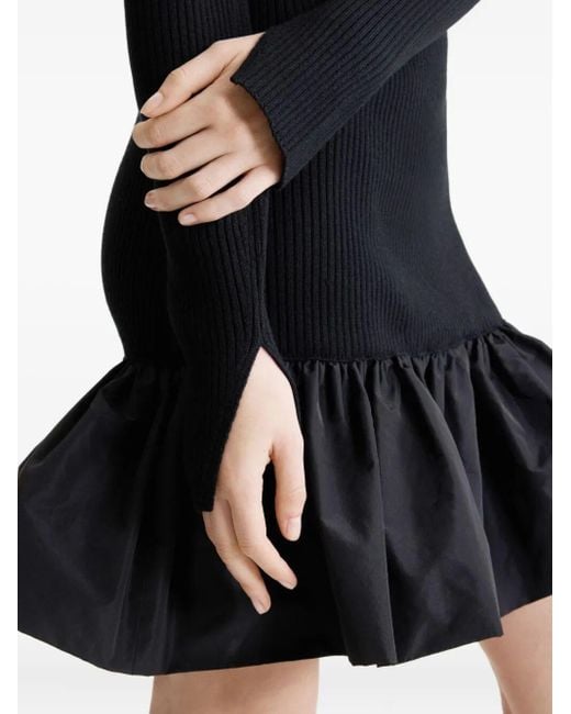 Patou Black Ruffle Hem Ribbed Mini Dress In Wool And Faille