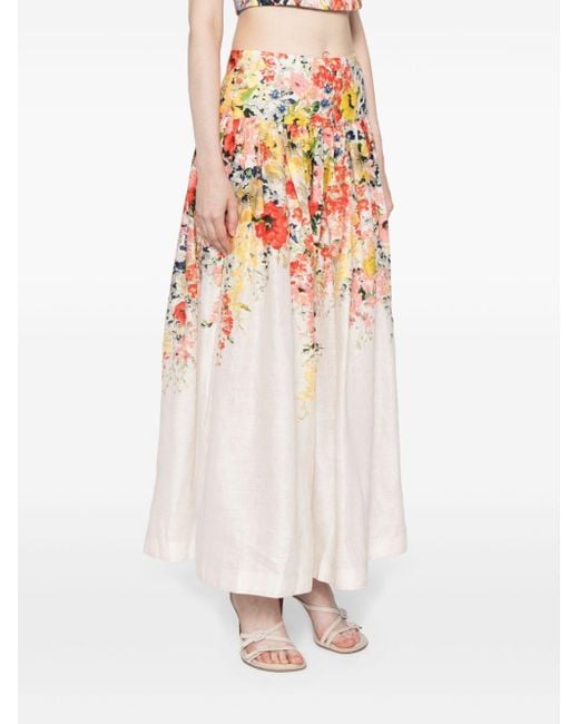 Zimmermann White Floral Print Linen Midi Skirt