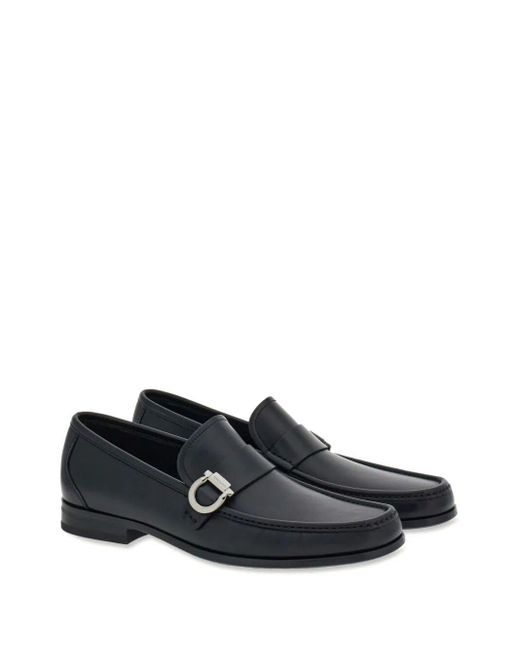 Ferragamo Black Gancini-Plaque Leather Loafers for men