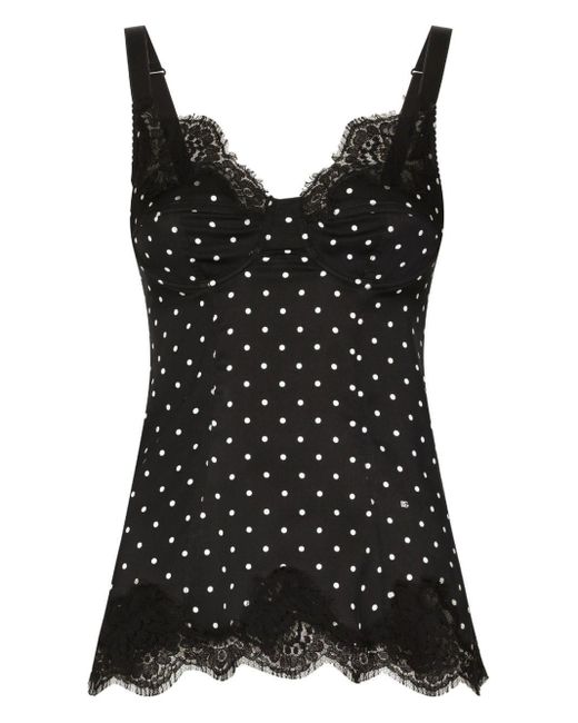 Dolce & Gabbana Black Polka Dot And Lace Lingerie Top