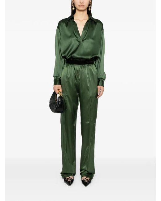 Tom Ford Green Stretch Silk Satin Polo With Tonal Tf Embroidered Logo