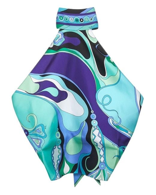 Emilio Pucci Blue Orchid-Print Silk Halterneck Top