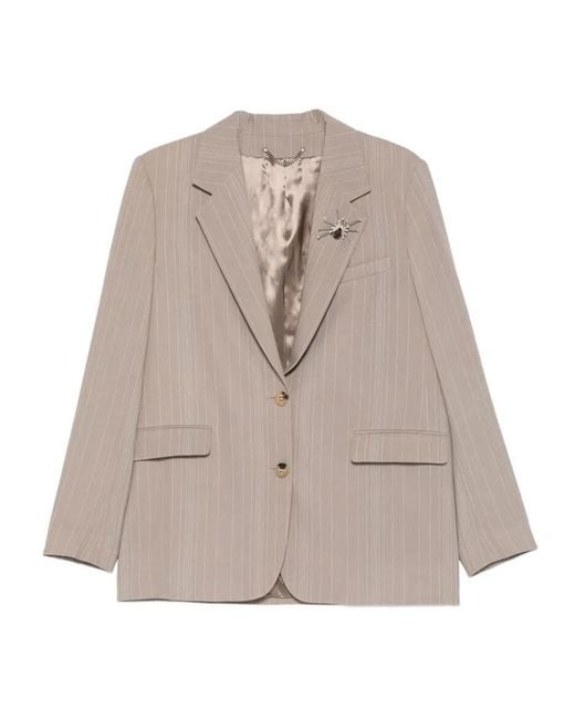 Golden Goose Deluxe Brand Natural Pinstripe Oversized Wool Blend Blazer With Broche