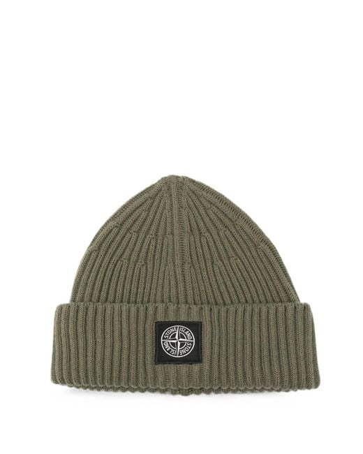 Stone Island Green Ribbed Wool Beanie With Compass Patch for men