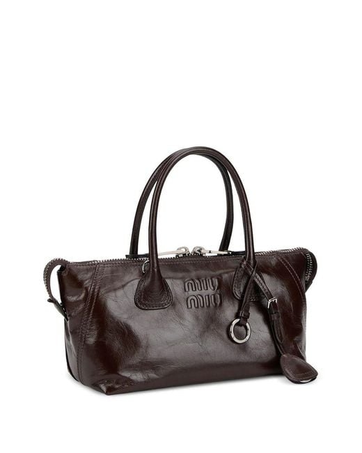 Miu Miu Brown Leather Tote Bag With Embossed Logo