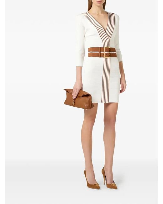 Elisabetta Franchi White Knit Fabric Dress With Striped Bands