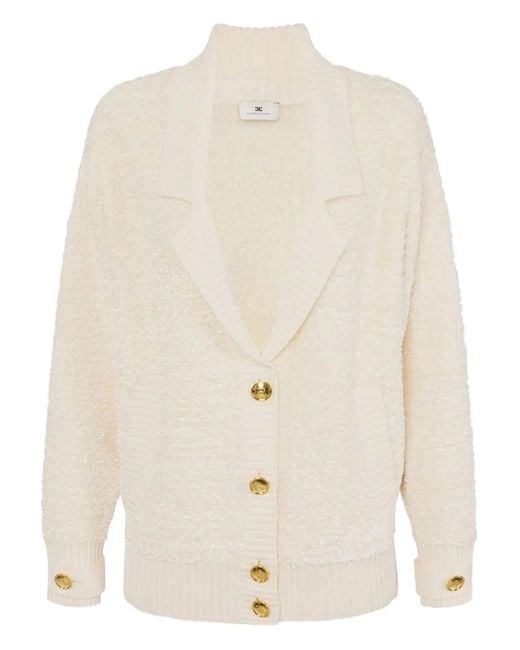 Elisabetta Franchi White Bouclé Chenille Cardigan With Jewel Buttons