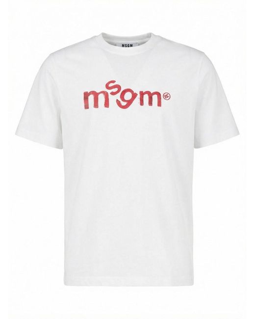 MSGM White Handwritten Logo Print Cotton T-Shir for men