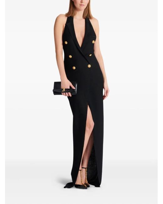 Balmain Black 6 Buttons Long Halterneck Knit Dress