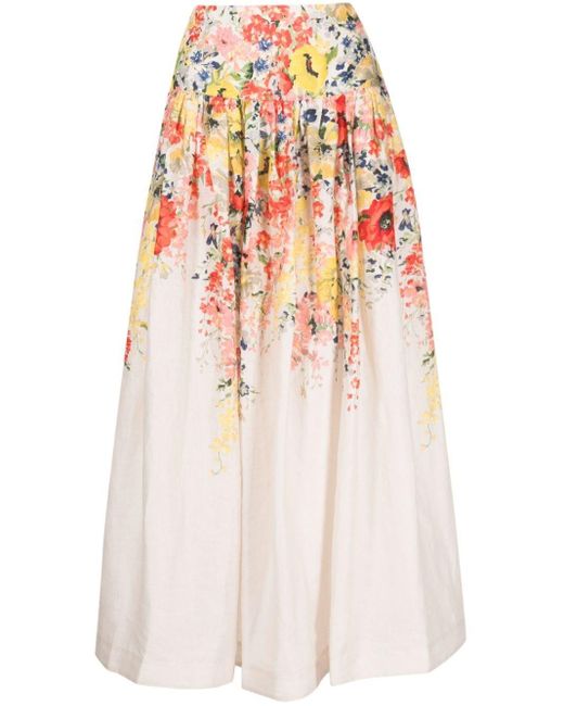Zimmermann White Floral Print Linen Midi Skirt