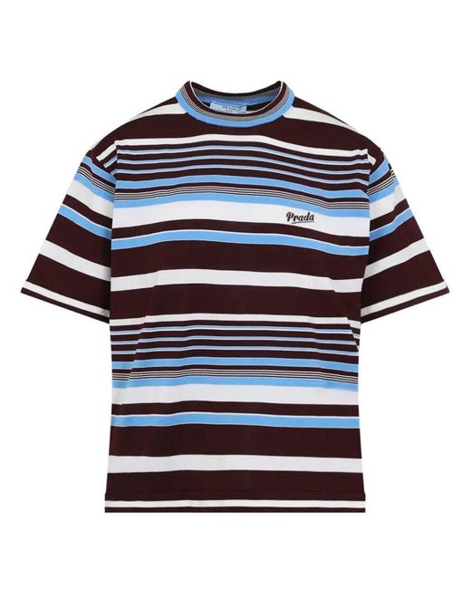 Prada Blue Logo-Intarsia Striped Cotton T-Shirt