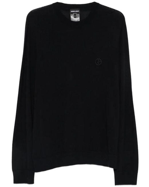 Giorgio Armani Black Wool Pullover With Logo Embroidery for men