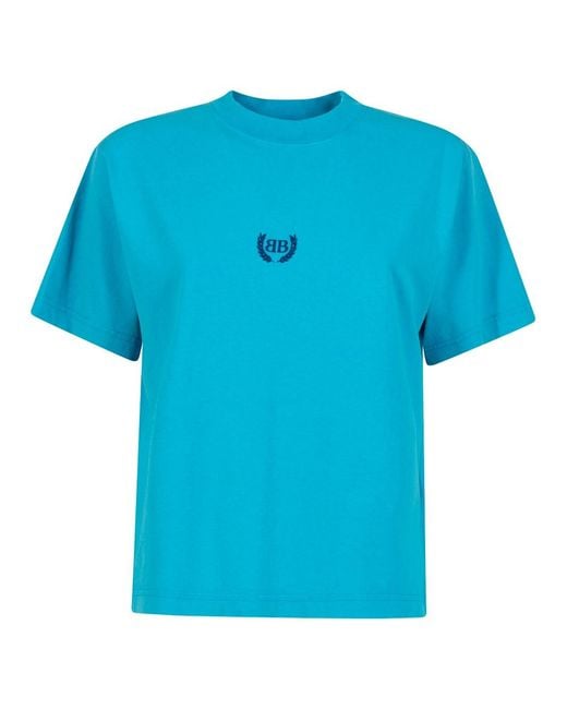Balenciaga Blue Medium Fit T-Shirt With Logo Embroidery