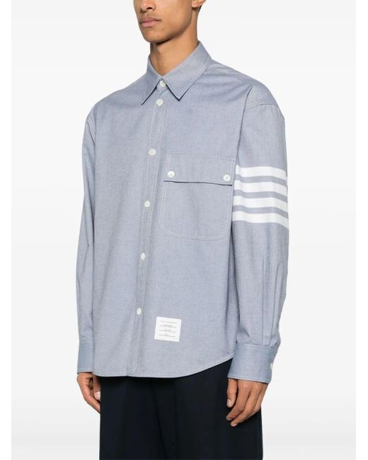 Thom Browne Blue Flannel Shirt With Four-Stripe Detail for men