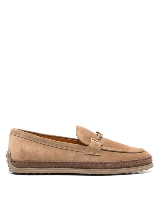 Tod's Brown Cord Weaving T Ring Suede Loafers Shoes