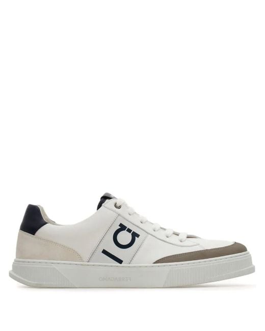 Ferragamo White Alaska Leather And Suede Sneaker With Gancini Detail Shoes for men