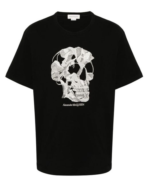 Alexander McQueen Black Skull-embroidered Cotton T-shirt for men