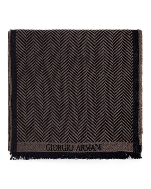 Giorgio Armani Black Herringbone Virgin Wool Scarf With Fringes for men