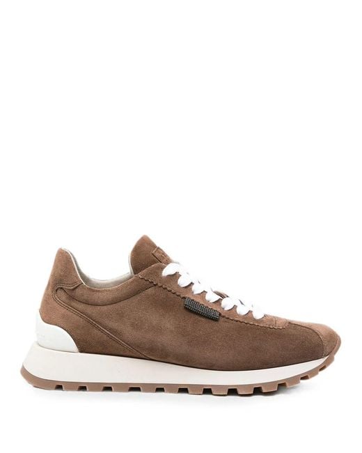 Brunello Cucinelli Brown Suede Runners With Shiny Tab